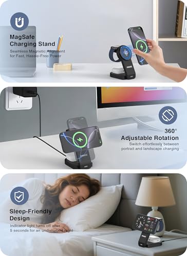 3 in 1 Foldable Charging Station for Apple Devices, Wireless Charger Stand for MagSafe Charger for iPhone 17/16/15/14/13/12, Phone Watch Charging Station for iWatch 10-2, for AirPods