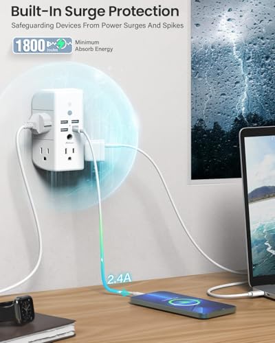Mifaso Outlet Extender with Shelf and Night Light, 1800J Surge Protector - color: White, size: 1C3A