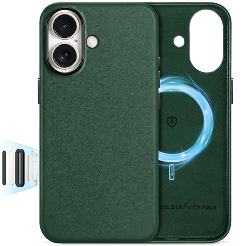 SHIELDON Genuine Leather Case for iPhone 17 6.3 Inch, Midnight Green | Compatible with MagSafe, Magnetic Wireless Charging, Camera Button, Metal Buttons, Camera Bezel, Slim, Shockproof, Women Men - color: Evergreen, size: for iPhone 17