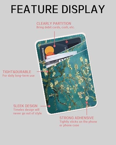 Dual Pocket Leather Phone Wallet Adhesive Stick On, Cute Card Holder, Credit Card Holder for Case, Green Boho Tree - color: Green Boho Tree