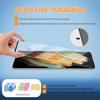 3 Pack Curved Tempered Glass Screen Protector Applicable for Samsung Galaxy S21 Ultra 5G 6.8inch, Support Fingerprint ID Friendly Tempered Glass Screen Protective, HD Clear Scratch Resistant Suitable - color: s21Ultra