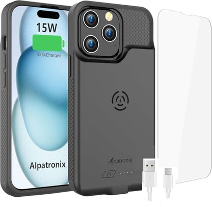 Alpatronix Battery Case for iPhone 15 Pro Max & 15 Plus, Portable Strong Slim Protective Extended Charger Case, 15W Fast Charging, 7000mAh Wireless Charging Cover, Apple Pay, CarPlay Black - size: iPhone 15 Pro Max / 15 Plus