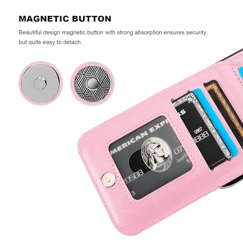 KIHUWEY for iPhone 14 Pro Max Wallet Case Card Holder Kickstand, Pink | Credit Card Slots, PU Leather, Magnetic Clasp, Flip Heavy Duty Protection Cover for Men and Women - color: Pink