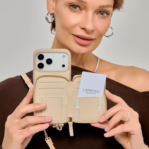LAMEEKU for iPhone 17 Pro Max Wallet Case with Card Holder, Crossbody Case with Kickstand Wrist Strap Cover 6.9 inch Beige - color: Beige, size: iPhone 17 Pro Max 6.9''