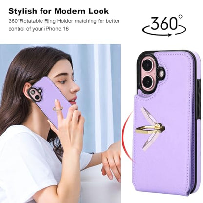 Folosu Compatible with iPhone 16 Case Wallet with Card Holder, 360°Rotation Finger Ring Holder Kickstand, RFID Blocking Leather Protective Double Buttons Shockproof Cover 6.1 Inch Purple - color: Purple