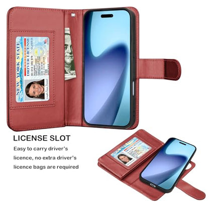 NJJEX Wallet Case Compatible with iPhone 17 Air 6.5" 2025, [9 Card Slots] PU Leather ID Credit Holder Folio Flip [Detachable] Kickstand Magnetic Phone Cover & Lanyard for iPhone Air [Wine Red] | PU leather folio flip, detachable magnetic phone cover, inte