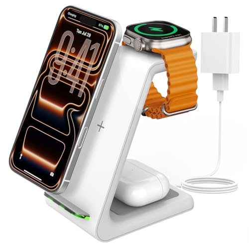 Charging Station for iPhone and Apple Watch: 3 in 1 Wireless Phone Charger Stand for iPhone 17 16 15 14 13 12 11 Pro Max & AirPods, Bedside Nightstand Docking - color: White