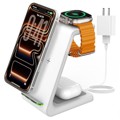 Charging Station for iPhone and Apple Watch: 3 in 1 Wireless Phone Charger Stand for iPhone 17 16 15 14 13 12 11 Pro Max & AirPods, Bedside Nightstand Docking - color: White