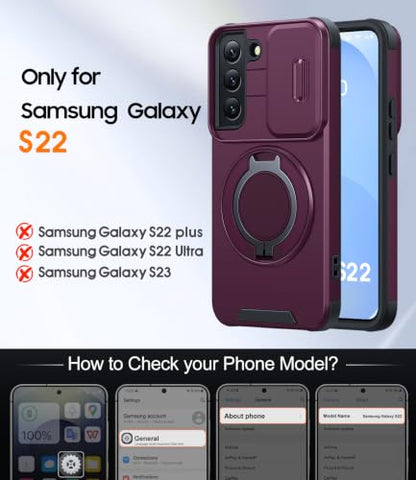 JAME for Samsung Galaxy S22 Case with Ring Stand & Slide Camera Cover - color: Dark Cherry, size: Galaxy S22