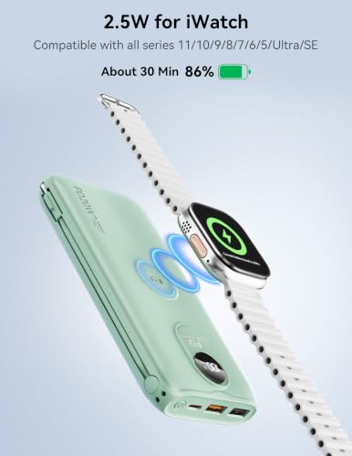Portable Charger 10000mAh 20W, Wall Plug, 2 Cables, iWatch Charging - color: Natural Green