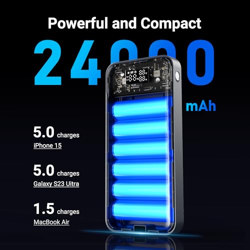 24,000mAh 280W Laptop Power Bank, PD 3.1 Portable Charger with Smart Display, 3-Port USB C Battery Pack for MacBook Pro/Air, iPhone 16/15/14/13 Series, iPad and More, Flight-Approved for Travel