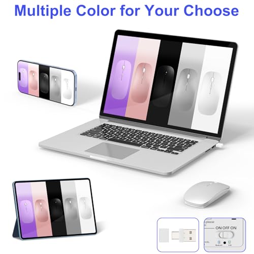 Bluetooth Wireless Mouse for MacBook Air Mac Pro iPad Laptop Computer Pad Optical Rechargeable Slim Silent Dual Mode (2.4G USB-C/USB-A&Bluetooth 5.2/3.0) Mouse Jiggler for Computer Awakening - Silver - color: SILVER