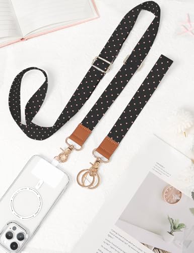 Phone Lanyard Crossbody Strap, Adjustable Neck Strap and Wristlet Strap for Phone Wallet ID Badge with 2 Phone Tabs - color: Black Pink Dots