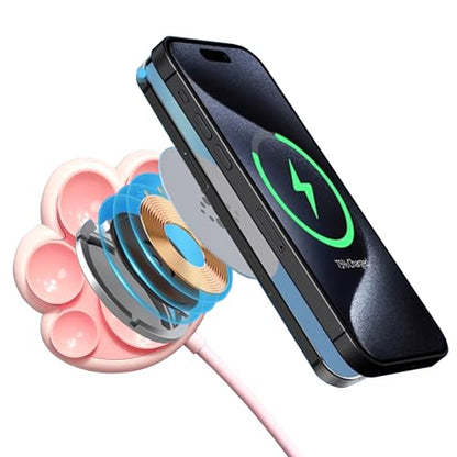 Pink Cat Paw Wireless Charger - 15W Fast Charging for iPhone & Samsung, for Cat Lovers, Best Friends & Teens (Adorable Design)(No AC Adapter) (Pink) - color: Pink