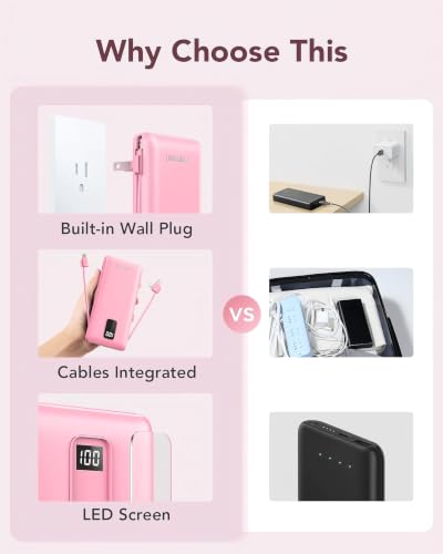 charmast Portable Charger Power Bank Built in Cables,10000mAh Battery Pack | with AC Wall Plug,LED Display & 5 Outputs,Travel Camping Essentials Slim External Phone Charger for iPhone,Samsung,Android - color: Pink