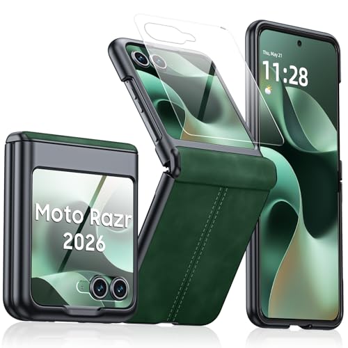 for Motorola Razr 2026 Case with Hinge Protection & Built-in Outer Screen Protector, Ultra-Thin PU Leather Matte PC Shockproof Cover, Slim Protective Phone Case for Moto Razr 2026-Green - color: Green, size: Razr 2026