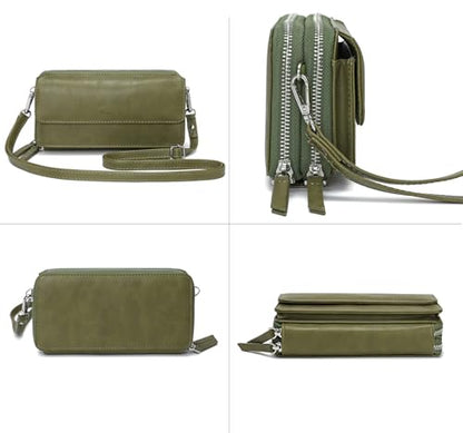 RFID Crossbody Wallet Wristlet Purse with Phone Pocket For Women Vegan Leather - color: B-olive Green