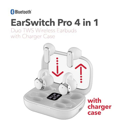 RCA EarSwitch Pro 4-in-1 Duo TWS Wireless Earbuds, Bluetooth 5.4 Open-Ear & in-Ear Dual Buds with LED Charging Case, Touch Control, Built-in Mic, 6H Playtime for Sport & Office (White) - color: White