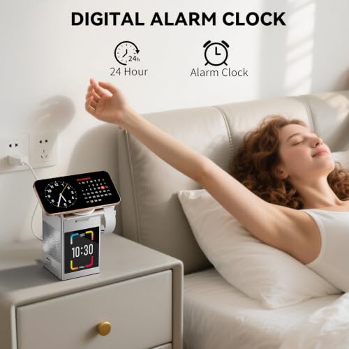 7-in-1 Magnetic Wireless Charging Station with Bluetooth Speaker & 2.4" Touchscreen, 15W Fast Charging Dock for iPhone 18-12 Series, iWatch & AirPods, Alarm Clock, White Noise for Desk, 20W Adapter - color: Silver-S5