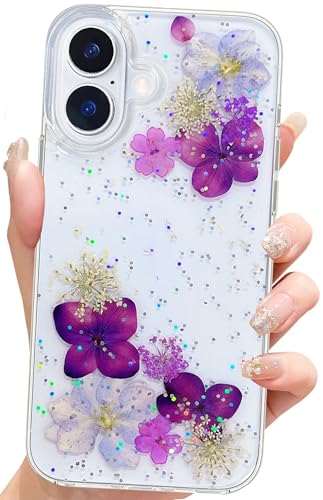 Abbery for iPhone 16 Case Cute Clear with Dry Real Flowers Floral Design Bling Glitter Sparkly Soft TPU Aesthetic Shockproof Protective Women Girl's Trendy Grape Purple Flower Phone Case for iPhone 16 - color: Glitter Purple, size: for iPhone 16