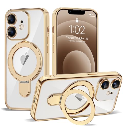 Compatible with iPhone 12 Case with Invisible Magnetic Ring Stand [Compatible with Mag-Safe] [Full Camera Lens Protector] Plating Clear Phone Case for iPhone 12 6.1", Gold - color: Gold, size: Iphone 12