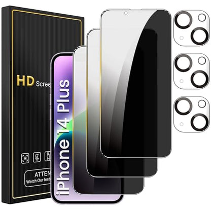Romkasi 3 Pack Privacy Screen Protector for iPhone 14 Plus 6.7 Inch with 3 Pack Camera Lens Protector, Anti Spy Tempered Glass Film, Anti-Scratch, Touch Sensitive, Case Friendly - color: iPhone 14 Plus