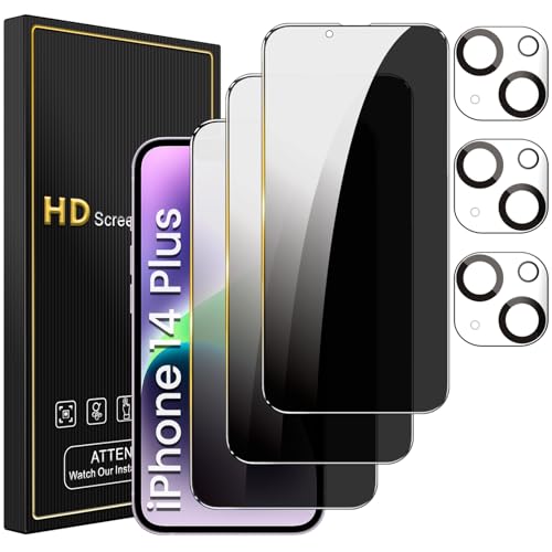 Romkasi 3 Pack Privacy Screen Protector for iPhone 14 Plus 6.7 Inch with 3 Pack Camera Lens Protector, Anti Spy Tempered Glass Film, Anti-Scratch, Touch Sensitive, Case Friendly - color: iPhone 14 Plus