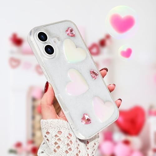 Compatible with iPhone 16 Plus Bling Case Laser Colour 3D Crystal Love Heart Pearl Diamond Glitter Clear Case Cute Girly Women Slim Soft TPU Transparent Phone Cover