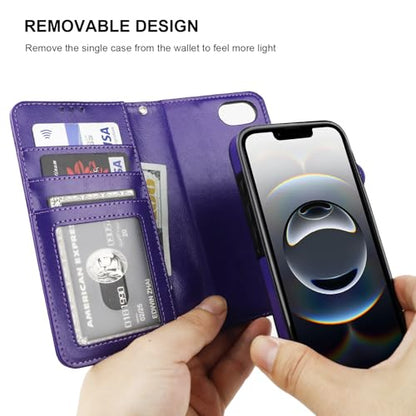 Bocasal Detachable Wallet Case Card Holder for iPhone 17e/16e, Purple | RFID Blocking Kickstand Card Slots Holder PU Leather Magnetic Shockproof Wrist Strap Removable Flip Protective Cover 6.1 inch - color: Purple