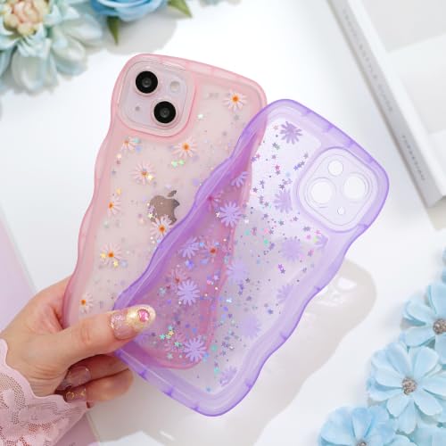 Glitter case for iPhone 13/14 Flowers Purple | Bling Sparkle Glitter，Flowers，Full Protection Soft TPU，Kawaii Cute Phone Case for Women Girls - color: Flowers Purple