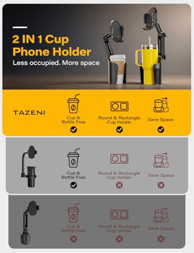 TAZENI 2-in-1 Cup Holder Phone Holder Mount for Car, Stable & Adjustable