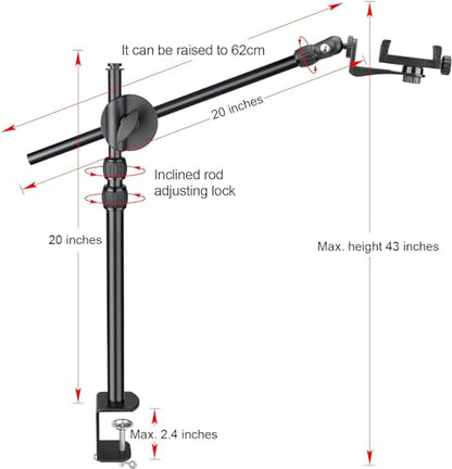 FlexiMount Pro Adjustable Overhead Tripod Phone Stand with Desk Clamp, RC Monitor Mirror & Mic Arm for iPhone, YouTube, Zoom, Live Streaming, Video Meeting, Vlog Recording