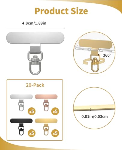 20-Pack 360° Rotating Phone Lanyard Tab, Ultra-Thin Stainless Steel Phone Tether Tab, Universal Patch & Charm Holder