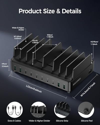 Rocoren 400W 10‑Port Charging Station,Dual PD 100W Dock w/ 6 Cables