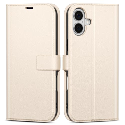 oakxco for iPhone 16 Wallet Case with Credit Card Holder, Magnetic RFID Slim Folio Book Flip Leather Phone Case for Women Men Girl, Cute Soft Silicone Rubber Shockproof Cover, Beige White - color: Beige, size: 16