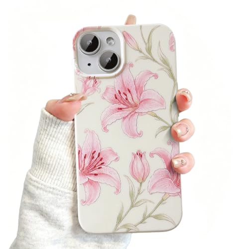 QLTYPRI for iPhone 13 Case Cute Pink Floral Flower, Lily Flower | Lily Flower Pattern Aesthetic Phone Case,Raised Camera Protection,Slim Soft TPU Shockproof Protective Cover for Girls Women - color: Pink Lily Flower, size: iPhone 13