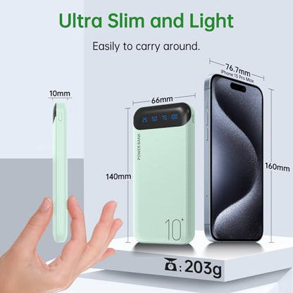 YOBON Power Bank 10000mAh Portable Charger Slim Battery Pack with 2 USB 2.4A Outputs and USB C in/Out Compatible with Huawei iPhone 16 15 14 13 12 iPad Samsung Galaxy S20 Android Tablet (Light Green) - color: Light Green