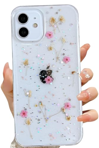 LSEEKA for iPhone 12/ iPhone 12 Pro Clear Case with Pressed Real Flowers Design,Glitter Cute Pink Floral Pattern Slim Soft TPU Protective Women Girl's Phone Cover for iPhone 12/12 Pro - color: Pink, size: for iPhone 12/ iPhone 12 Pro