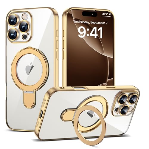 Compatible with iPhone 16 Pro Max Case with Invisible Magnetic Ring Stand [Compatible with Mag-Safe] [Full Camera Lens Protector] Plating Clear Phone Case for iPhone 16 Pro Max 6.9", Gold - color: Gold, size: Iphone 16 Pro Max
