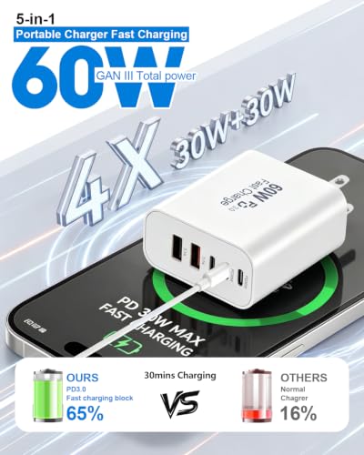 USB C Charger Block 60W, 2 Pack 5-Port Fast Charging Block with Cable