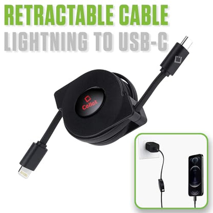 Cellet MFi Certified Retractable Lightning to USB-C Cable – 3ft Fast Charging Cord – Tangle-Free, Portable & Durable – Compatible with iPhone, iPad, and USB-C Chargers - style: USB-C to Lighting
