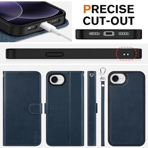 TUCCH Detachable 2-in-1 Case Wallet for iPhone 17e 16e (6.1"), Dark Blue | 4 Card Slots, RFID Blocking, Wireless Charging, Viewing Stand, Wrist Strap, PU Leather, Shockproof TPU, Magnetic, Flip Cover - color: Dark Blue