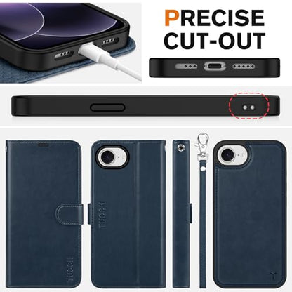 TUCCH Detachable 2-in-1 Case Wallet for iPhone 17e 16e (6.1"), Dark Blue | 4 Card Slots, RFID Blocking, Wireless Charging, Viewing Stand, Wrist Strap, PU Leather, Shockproof TPU, Magnetic, Flip Cover - color: Dark Blue