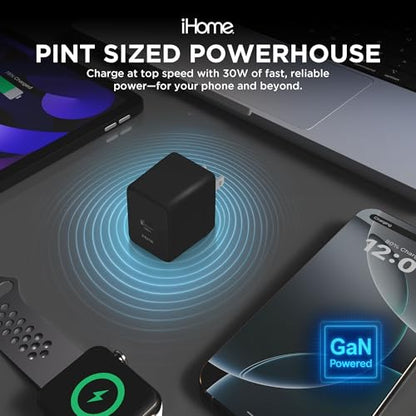 iHome GaN Universal USB-C Charger Block, Power Delivery, Folding Prongs, Compact Travel Design for Phones, Tablets & USB-C Devices (Black, 30W) - color: Black, size: 30W