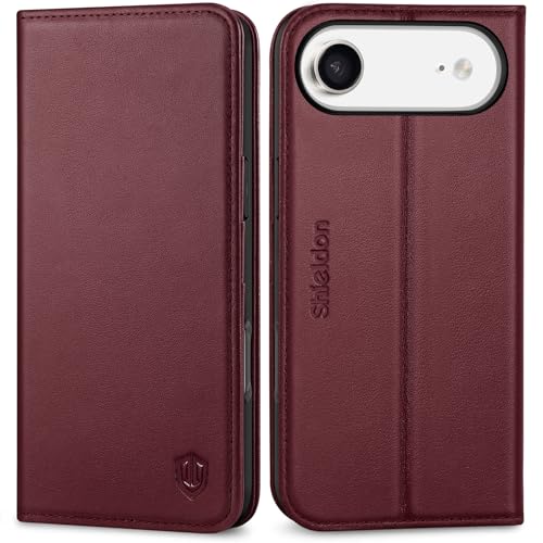 SHIELDON Genuine Leather Wallet Case for iPhone Air 6.5" 2025, Wine Red | Magnetic Closure, RFID Blocking, Credit Card Slot, Kickstand, Flip Book Design, Shockproof Phone Cover - color: Wine Red