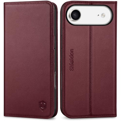 SHIELDON Genuine Leather Wallet Case for iPhone Air 6.5" 2025, Wine Red | Magnetic Closure, RFID Blocking, Credit Card Slot, Kickstand, Flip Book Design, Shockproof Phone Cover - color: Wine Red