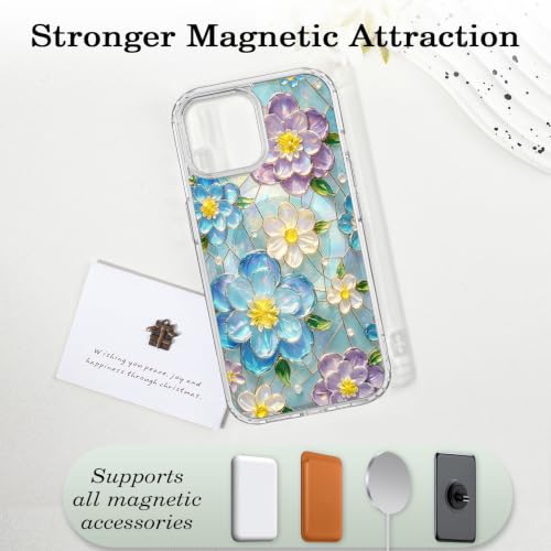 for iPhone 13 Mini 5.4" Magnetic Case【Compatible with MagSafe】 Aesthetic Oil Painting Stained Glass Flower Design, Slim Fit Hard PC Back Shockproof Cute Clear Phone Cover, Blue Purple - color: Blue Purple, size: iPhone 13 Mini