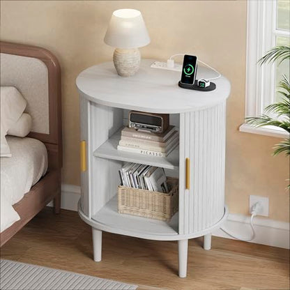 DHH Mid Century Modern Nightstand with Charging Station, Fluted Accent Side Table with Sliding Door & Adjustable Shelf, End Table for Small Space, Living Room, Bedroom,Sofa Couch(1, White) - color: Grayish White