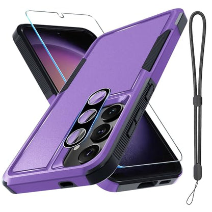 Case for Samsung Galaxy S24 FE, Full Body Heavy Duty Rugged Shockproof Protective Phone Cover with Lanyard Strap, Tempered Glass Screen Protector and Camera Lens Cover, Lavender | Rugged Shockproof Protective Case,with Tempered Glass Screen Protector + Ca