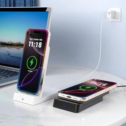 15W Foldable Double Coil Wireless Charger Phone Holder Stand for iPhone 17 16 15 14 13 12 Pro Max Samsung Xiaomi Fast Charging Station (Black)